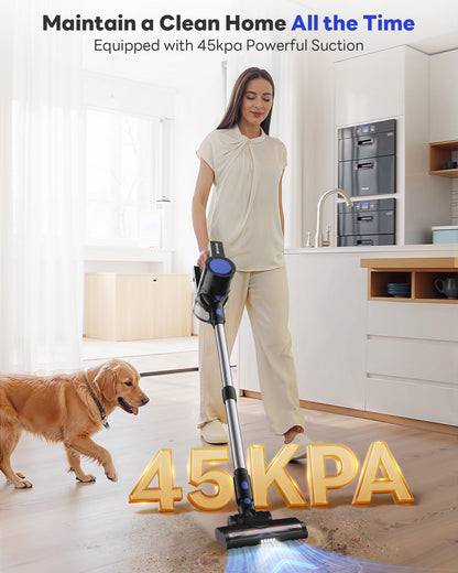 Cordless Vacuum Cleaner, 45KPA Stick Vacuum Cleaners for Home with Up to 40 Mins Runtime, 6-in-1 Rechargeable Lightweight Vacuum with Powerful Suction for Carpets, Pet Hair, Hardwood Floors