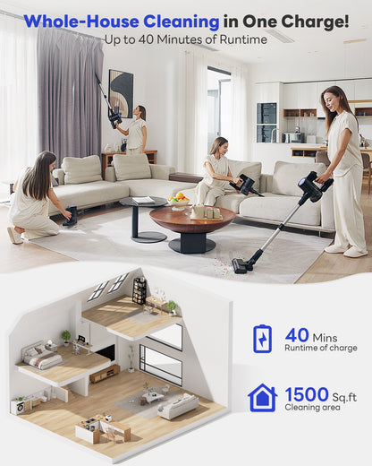 Cordless Vacuum Cleaner, 45KPA Stick Vacuum Cleaners for Home with Up to 40 Mins Runtime, 6-in-1 Rechargeable Lightweight Vacuum with Powerful Suction for Carpets, Pet Hair, Hardwood Floors