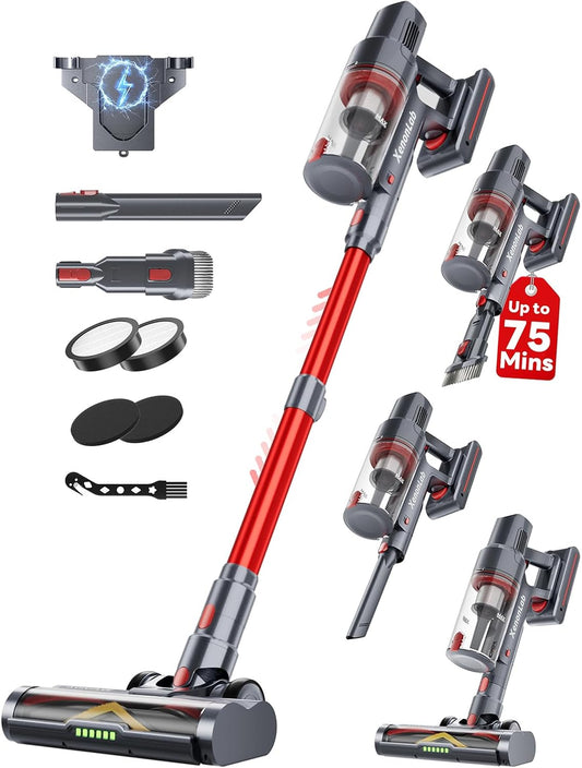 Cordless Vacuum Cleaner, 75Mins/55KPa/650W Self-Standing Stick Vacuum Cleaners for Home, Rechargeable, Lightweight, Anti-Static&Anti-Tangle Brush, for Hard Floor, Carpet, Hardwoods, Pet Hair