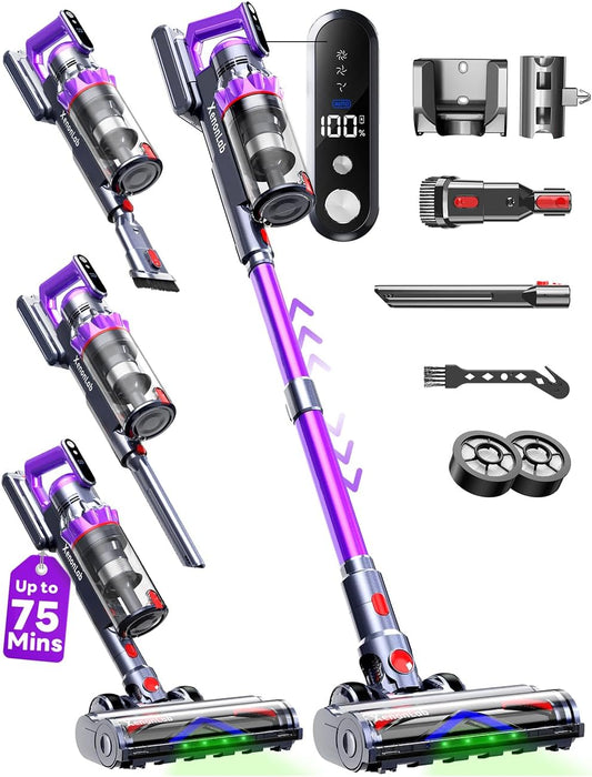 Cordless Vacuum Cleaner, 75Mins/55KPa/650W Self-Standing Stick Vacuum Cleaners for Home, Rechargeable, Lightweight, Cone Filtration&Anti-Tangle, for Hard Floor, Carpet, Hardwoods, Pet Hair