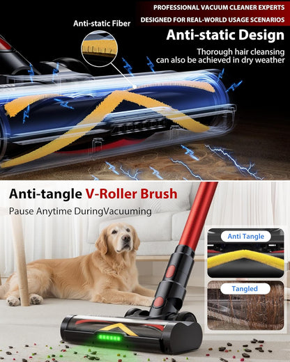 Cordless Vacuum Cleaner, 75Mins/55KPa/650W Self-Standing Stick Vacuum Cleaners for Home, Rechargeable, Lightweight, Anti-Static&Anti-Tangle Brush, for Hard Floor, Carpet, Hardwoods, Pet Hair